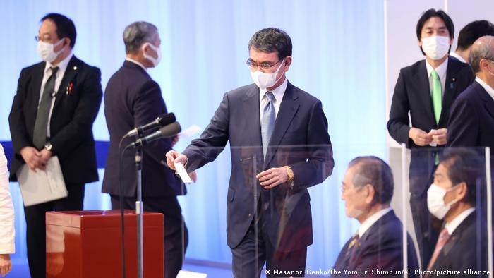 Taro Kono, administrative and regulatory reform minister, votes for the Liberal Democratic Party's presidential election