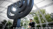 Ukrainian President Volodymyr Zelenskiy takes part in a commemoration ceremony for the victims of Babyn Yar (Babiy Yar), one of the biggest single massacres of Jews during the Nazi Holocaust, in Kyiv Ukraine September 29, 2021. Ukrainian Presidential Press Service/Handout via REUTERS ATTENTION EDITORS - THIS IMAGE WAS PROVIDED BY A THIRD PARTY.