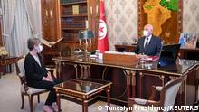 Tunisia's President Kais Saied meets with newly appointed Prime Minister Najla Bouden Romdhane, in Tunis, Tunisia September 29, 2021. Tunisian Presidency/Handout via REUTERS ATTENTION EDITORS - THIS IMAGE WAS PROVIDED BY A THIRD PARTY. NO RESALES. NO ARCHIVES.