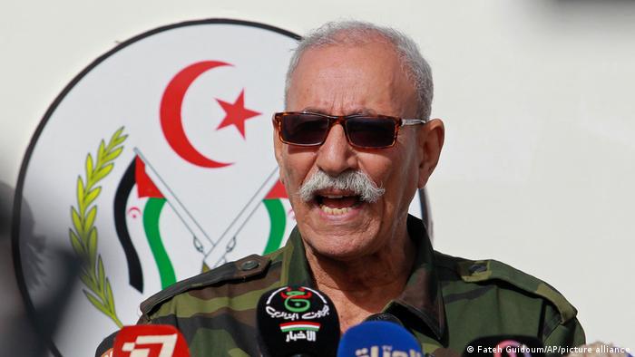 A file photo of Brahim Ghali, leader of the Polisario front, as he delivers a speech in a refugee camp near Tindouf, southern Algeria.