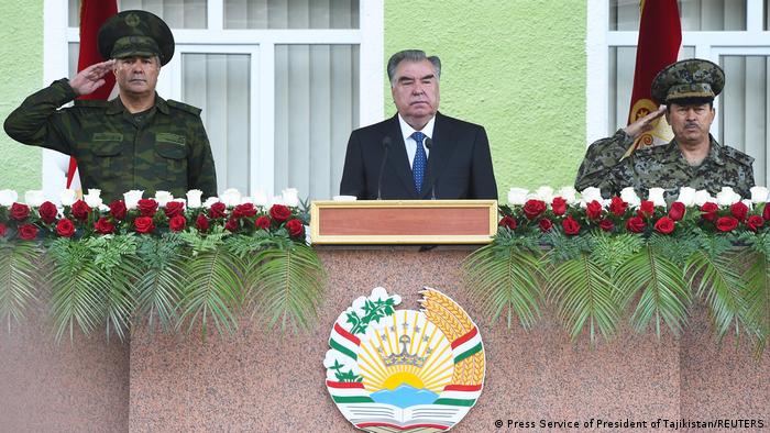 Tajik President Emomali Rakhmon oversees a military parade in Chorugh, near the Afghan border 