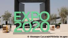 The Expo 2020 logo is pictured in front of one of the entrances of the Expo site in Dubai on September 30, 2021. - The Covid-delayed Expo 2020 kicks off today in Dubai with an extravagant opening ceremony in the evening for what is expected to be the world's biggest event since the start of the pandemic. (Photo by Giuseppe CACACE / AFP) (Photo by GIUSEPPE CACACE/AFP via Getty Images)