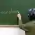 A Muslim schoolgirl writes on a blackboard