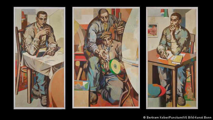 Das Arbeiter-Triptychon von Willi Sitte zeigt Arbeiter beim Lesen, Schreiben und Handwerken.
