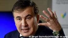 A photograph taken on March 19, 2021, shows former Georgian President Mikheil Saakashvili gesturing during a press conference, in Kiev. - Georgia's flamboyant ex-president Mikheil Saakashvili said on October 1, 2021 he had returned from exile despite the threat of arrest, calling on his supporters to take to the streets against the government. (Photo by Sergei SUPINSKY / AFP) (Photo by SERGEI SUPINSKY/AFP via Getty Images)