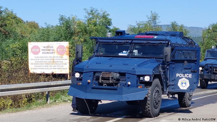 A Kosovo police vehicle at the Jarinje border with Serbia 