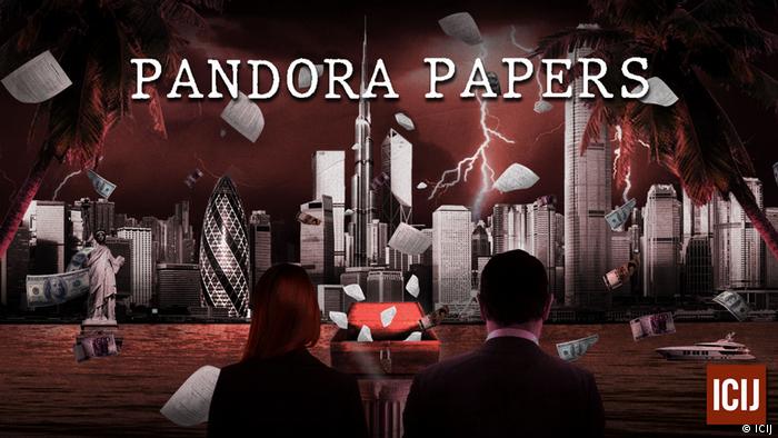 Symbolic Pandora Papers image showing lightening bringing down buildings 