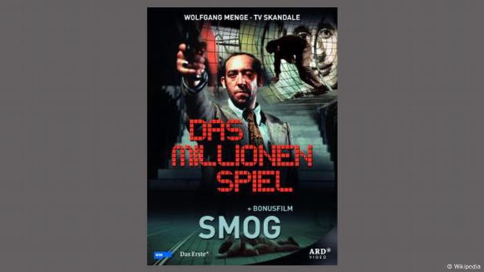 Film poster 'Das Millionenspiel' written in red with man aiming with a gun.