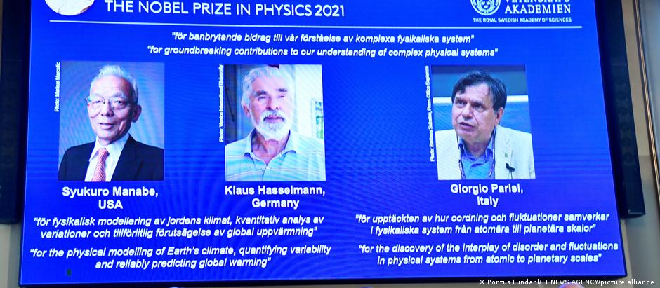 Лауреаты Нобелевской премии по физике 2021 года Сюкуро Манабэ, Клаус Хассельман и Джорджо Паризи