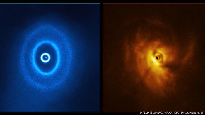 Una imagen tomada por el telescopio ALMA, a la izquierda, muestra la estructura anillada del disco de GW Ori, con el anillo más interno separado del resto del disco. Las observaciones de SPHERE, a la derecha, muestran la sombra de este anillo más interno sobre el resto del disco.