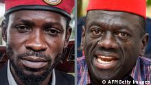 Left image: Ugandan opposition leader Robert Kyagulanyi, also known as Bobi Wine, poses for a photograph after his press conference at his home in Magere, Uganda, on January 26, 2021. - Ugandan soldiers have stood down their positions around the residence of opposition leader Bobi Wine, a day after a court ordered an end to the confinement of the presidential runner-up.
He had been under de-facto house arrest at his home outside the capital, Kampala, since he returned from voting on January 14, 2021.
For 11 days heavily armed soldiers and police officers surrounding the property had prevented members of Wine's household, including his wife, Barbie, from leaving their compound and denied access to visitors. (Photo by SUMY SADURNI / AFP) (Photo by SUMY SADURNI/AFP via Getty Images)
Right image: Uganda's opposition leader Kizza Besigye speaks as he holds a press conference on December 22, 2017 at his office in Kampala. Besigye called on all Ugandans to protest from January 9, 2018 against the removal of presidential age limits, allowing the incumbent president to serve a sixth term in office. / AFP PHOTO / ISAAC KASAMANI (Photo credit should read ISAAC KASAMANI/AFP via Getty Images)