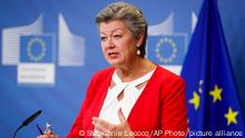 European Commissioner for Home Affairs Ylva Johansson speaks during a media conference, following the EU High-level Forum on providing protection to Afghans at risk, at EU headquarters in Brussels, Thursday, Oct 7, 2021. (Stephanie Lecocq, Pool via AP)