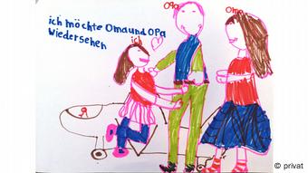 Desenho feito por Valentina, 7 anos, que mora na Alemanha e tem avós na Colômbia vacinados com a Coronavac