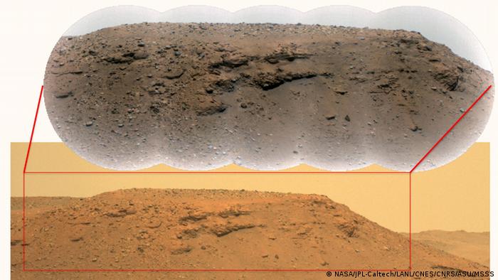 Esta imagen de una escarpa a lo largo del delta del cráter Jezero de Marte se generó utilizando datos del instrumento Mastcam-Z del Perseverance. La imagen de arriba es un primer plano proporcionado por el Remote Microscopic Imager, que forma parte del instrumento SuperCam.