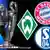 Champions- League-Pokal mit Emblemen von Bayern München, Werder Bremen und Schalke 04