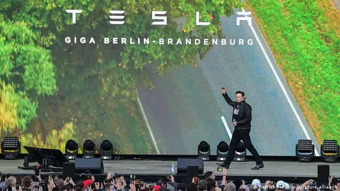 Tesla CEO Elon Musk appearing on a stage during a day of open doors at the company's newly built Gigafactory in Grünheide, Brandenburg