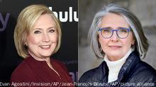 This combination photo shows former secretary of state Hillary Clinton at the premiere of the Hulu documentary Hillary in New York on March 4, 2020, left, and a portrait of author Louise Penny. Clinton is teaming up with Penny on the novel “State of Terror,” out Oct. 12, 2021. (Photo by Evan Agostini/Invision/AP, left, and Jean-Francois Bérubé via AP)