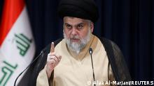 Iraqi Shi'ite cleric Muqtada al-Sadr speaks after preliminary results of Iraq's parliamentary election were announced in Najaf, Iraq October 11, 2021. REUTERS/Alaa Al-Marjani