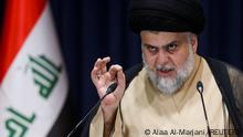 Iraqi Shi'ite cleric Muqtada al-Sadr speaks after preliminary results of Iraq's parliamentary election were announced in Najaf, Iraq October 11, 2021. REUTERS/Alaa Al-Marjani
