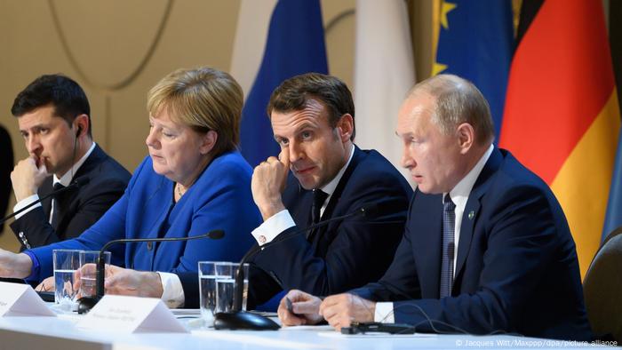 Frankreich PK Wolodymyr Selenskyj, Angela Merkel, Emmanuel Macron und Wladimir Putin