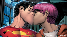 Two comic characters kiss each other