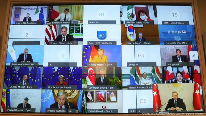 Grande tela que mostra as telas individuais de cada um dos líderes do G20