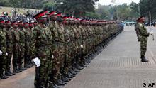 Kenya Army rehearse a military parade at Uhuru Park, Nairobi, Kenya, Tuesday, Aug. 24, 2010. Kenya's armed forces are practicing drills ahead of a Friday ceremony during which Kenyan President Mwai Kibaki will sign into law a new constitution that sets up an American style presidential system with checks and balances. The new charter replaces a colonial-era constitution that had been changed over the years to give the president wide ranging powers. (AP Photo/Sayyid Azim)