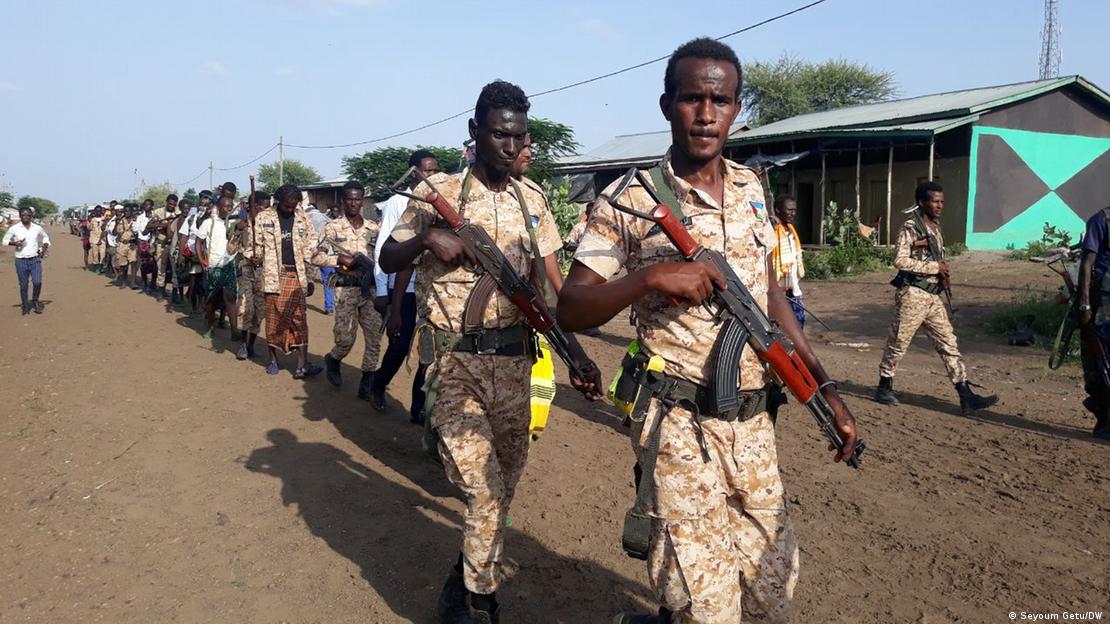 Soldiers marching with weapons in Ethiopias Afar region