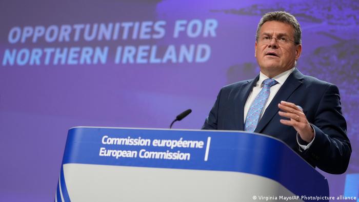 EU Brexit chief Maros Sefcovic speaks to reporters in Brussels