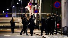 Police officers investigate after several people were killed and others were injured by a man using a bow and arrows to carry out attacks, in Kongsberg, Norway, October 13, 2021. Hakon Mosvold/NTB/via REUTERS ATTENTION EDITORS - THIS IMAGE WAS PROVIDED BY A THIRD PARTY. NORWAY OUT. NO COMMERCIAL OR EDITORIAL SALES IN NORWAY.