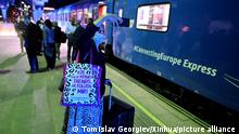 (210914) -- SKOPJE, Sept. 14, 2021 (Xinhua) -- The Connecting Europe Express train arrives in Skopje, North Macedonia, on Sept. 13, 2021. The train started its journey from Lisbon on Sept. 2 and will end the journey in Paris on Oct. 7. (Photo by Tomislav Georgiev/Xinhua)