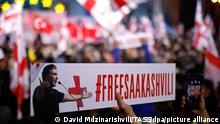 TBILISI, GEORGIA - OCTOBER 14, 2021: A rally demanding to set free Georgia's ex-president Mikheil Saakashvili is organized by the United National Movement political party. Saakashvili was arrested in Tbilisi on October 1, 2021, upon his return to Georgia. The former president faces multiple criminal charges in the country. David Mdzinarishvili/TASS