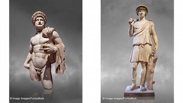 A statue of Roman Emperor Hadrian on the left and a statue of his lover, Antinous, on the right. 