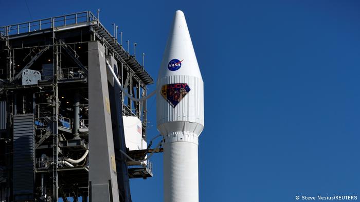 NASA's Lucy spacecraft, atop a United Launch Alliance Atlas 5 rocket for a mission to study the Trojan asteroids in the outer solar system, stands at Pad-41 in preparation for launch at Cape Canaveral Space Force Station