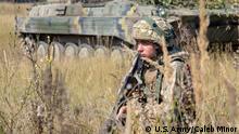 A soldier from the Armed Forces of Ukraine defends his post during a forward operating base security exercise as part of Rapid Trident 2019, Sept. 24, 2019, near Yavoriv, Ukraine. RT19 is an annual, multinational exercise, which involves approximately 3,700 personnel from14 nations, that supports joint combined interoperability among the partner militaries of Ukraine and the United States, as well as Partnership for Peace nations and NATO allies. (U.S. Army photo by Pfc. Caleb Minor.)