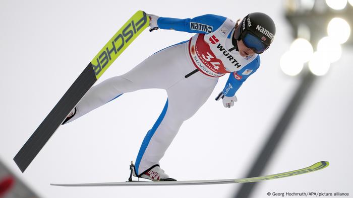 Maren Lundby during a trial ski jumping competition in March 2021