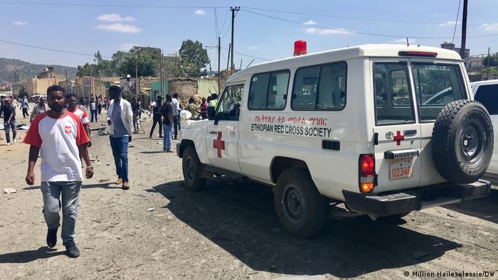 An Ethiopian Red Cross Society (ERCS) vehicle makes its way through Mekele following government airstrikes.