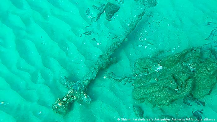 An ancient sword seen after it was discovered by an Israeli diver off the country's Mediterranean coast near Haifa