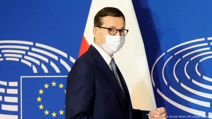Polish Prime Minister Mateusz Morawiecki wearing a face mask at the EU summit in Brussels