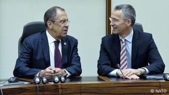 Sergei Lavrov and Jens Stoltenberg at a meeting in Brussels, 2015