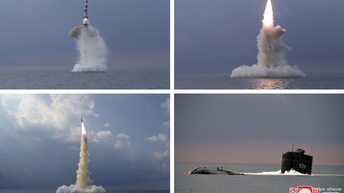 Four pictures of a missile launched at sea