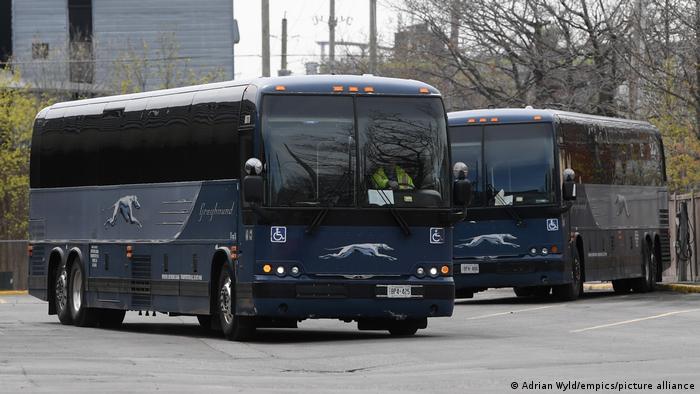 A Greyhound bus being driven out of the bus terminal in Ottawa