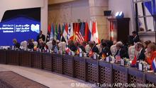 A general view shows the opening session of an international conference in support of Libyan stability at a hotel in the capital Tripoli on October 21, 2021. - Libya's fragile unity government hosts senior foreign officials today to drum up support on spiky transitional issues as the war-torn country gears up for a landmark December election. The conference comes two months ahead of planned presidential polls under a United Nations-led peace process that seeks to end a decade of conflict and chaos. (Photo by Mahmud TURKIA / AFP) (Photo by MAHMUD TURKIA/AFP via Getty Images)