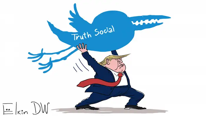 Трамп запускает в полет птичку с надписью на ней Truth Social