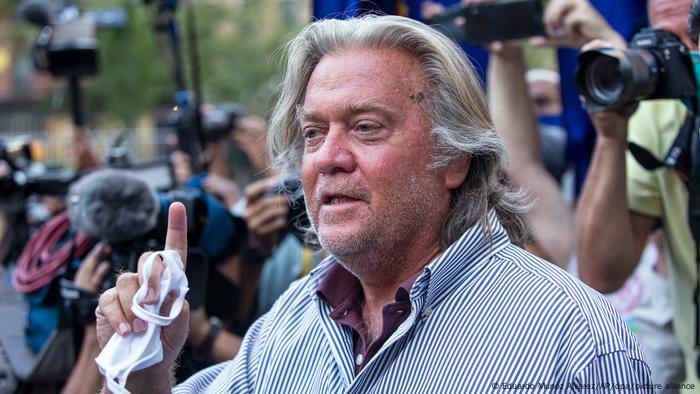 Steve Bannon speaks to the media after his release from custody following his arrest aboard a luxury yacht in August of 2020