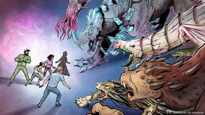 DW Akademie flashcard: The five heroes face six fearsome monsters trying to threaten them, but the heroes do not shrink away from the challenge. 