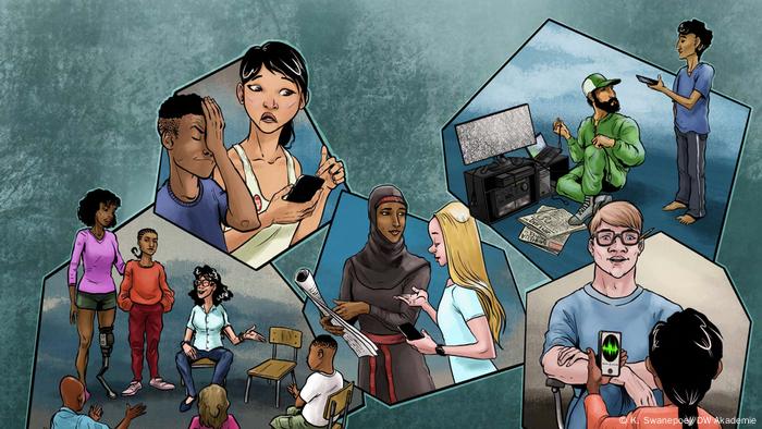 DW Akademie flashcard showing different settings in which the MIL heroes are engaging with young people about the consumption of media. 