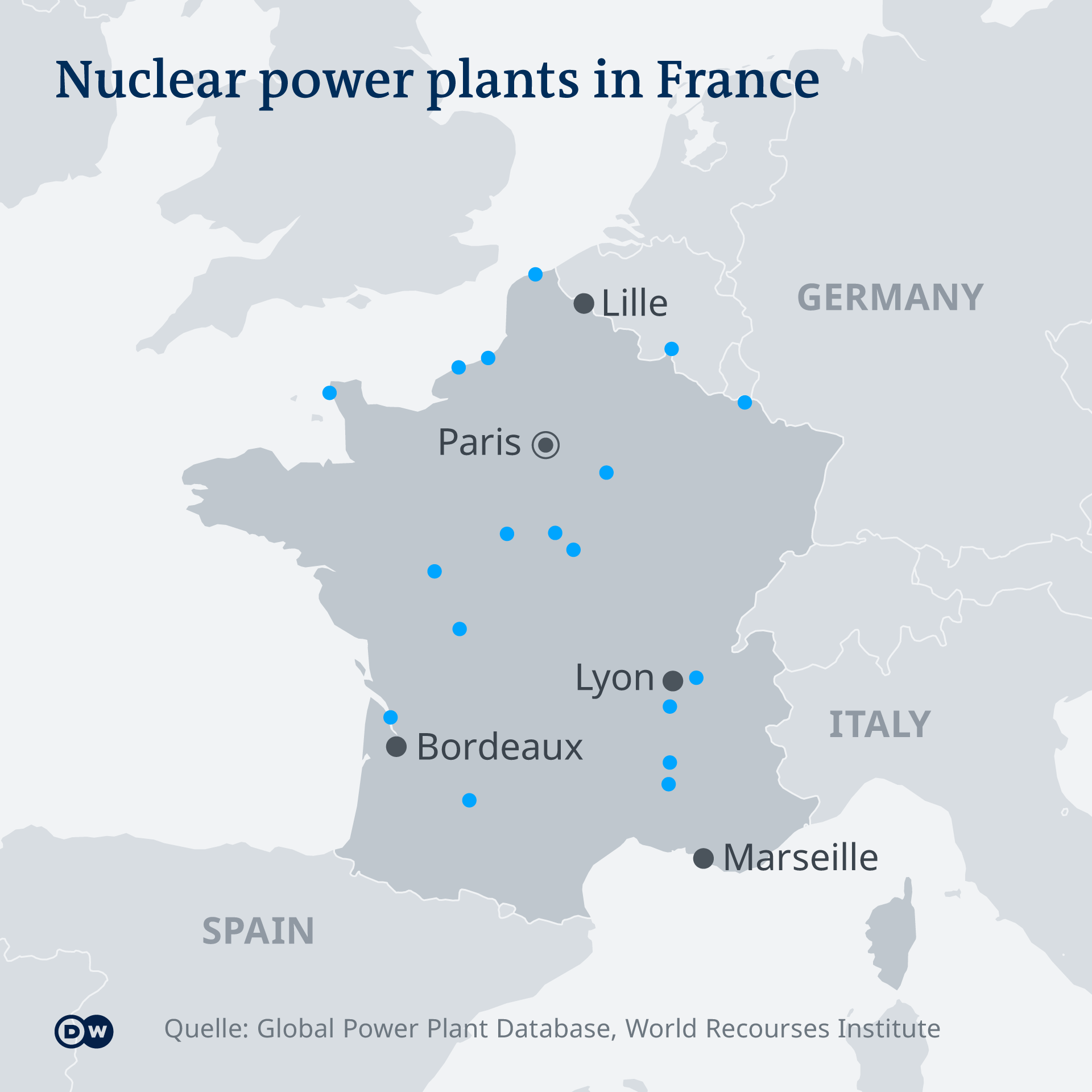 Infographic showing nuclear power plants in France