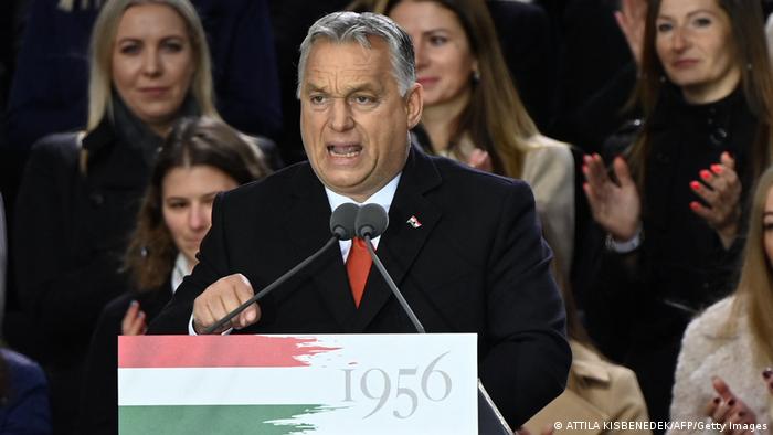 Viktor Orban gives a speech during an event in Budapest on October 23, to commemorate the 65nd anniversary of Hungarian uprising against Soviet occupation in Budapest on October 23, 2021