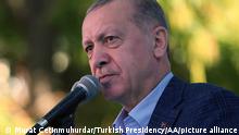 ESKISEHIR, TURKEY - OCTOBER 23: (----EDITORIAL USE ONLY Äì MANDATORY CREDIT - TURKISH PRESIDENCY / MURAT CETINMUHURDAR / HANDOUT - NO MARKETING NO ADVERTISING CAMPAIGNS - DISTRIBUTED AS A SERVICE TO CLIENTS----) Turkish President and leader of the Justice and Development Party (AK Party) Recep Tayyip Erdogan delivers a speech during inauguration ceremony of national garden, town library and other completed projects in Eskisehir, Turkey on October 23, 2021. Turkish Presidency/ Murat Cetinmuhurdar/Handout / Anadolu Agency